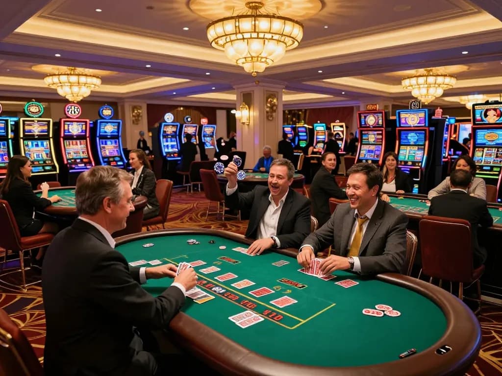 Experience thrilling blackjack gameplay at 789's casino, with players celebrating wins amid a vibrant atmosphere.
