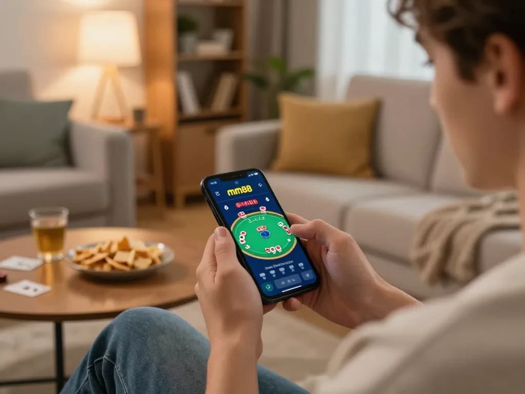 Gambling on the mm88 app with a smartphone in a cozy home setting, showcasing engaging online gameplay.