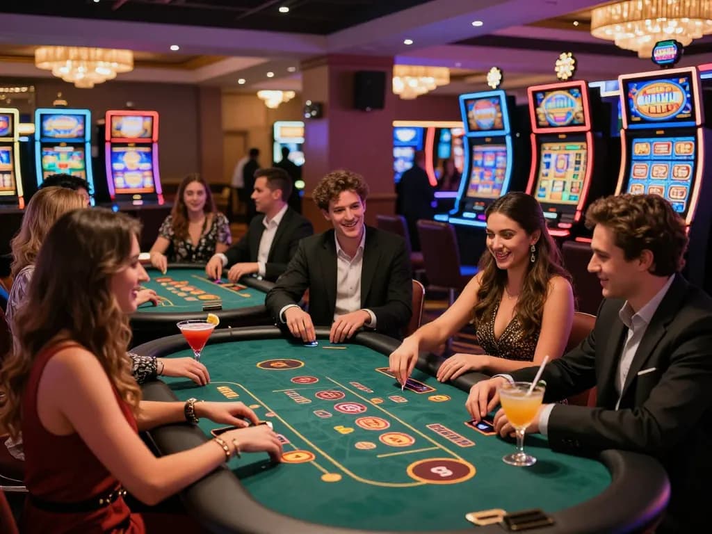 Group enjoying games at MM88 casino, vibrant atmosphere with cocktails and excitement
