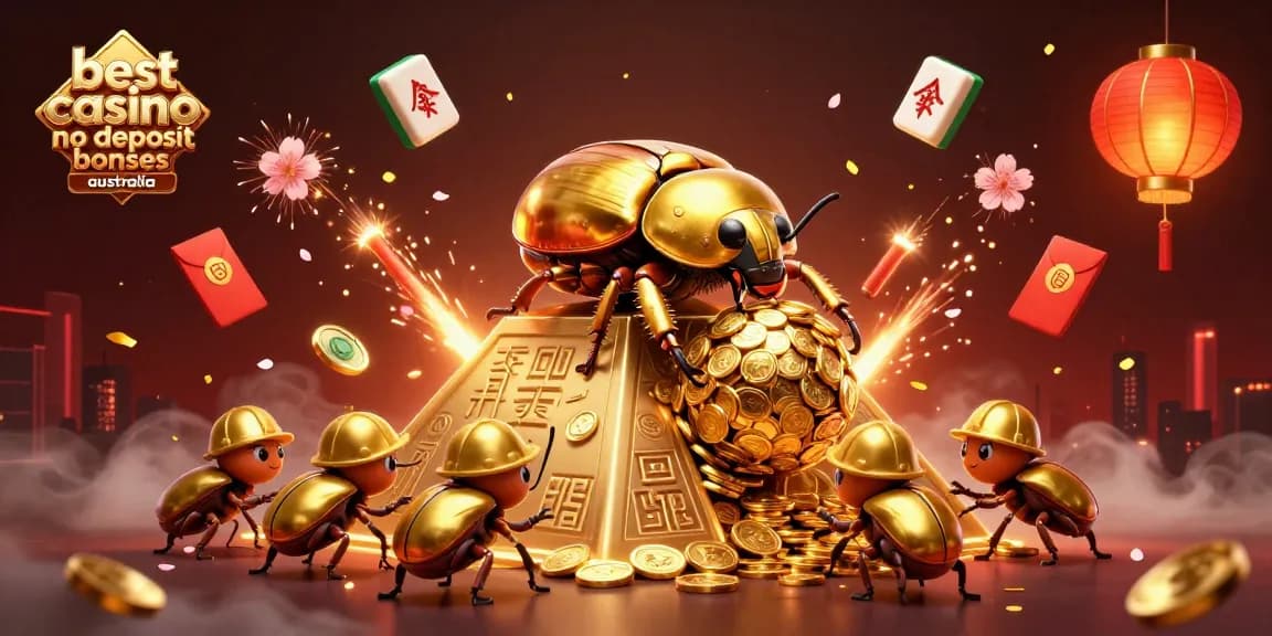 Engage with the best casino no deposit bonuses Australia showcasing golden beetles rolling coins amidst vibrant casino symbols.
