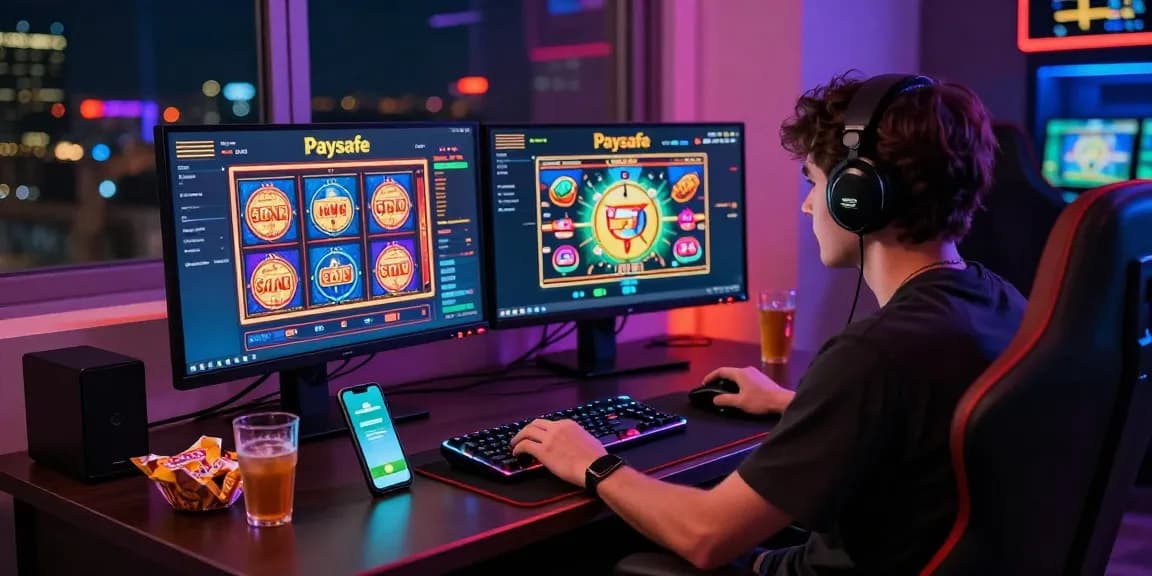 Spieler genießt ein fesselndes Erlebnis in einem Paysafe Card Casino mit lebhaften Spielautomaten.