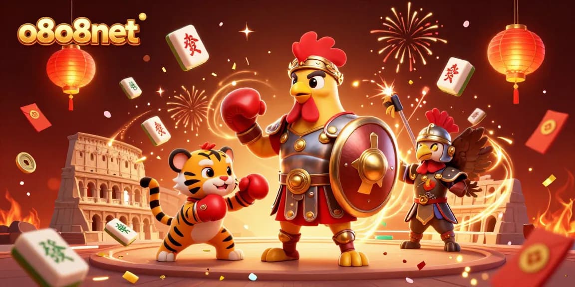 Engage with the thrilling world of o8o8net as the gladiator rooster battles in a vibrant casino arena.