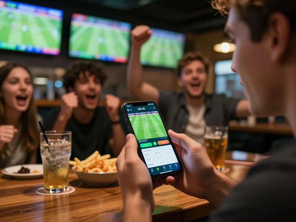 Engaged player using rik vip app for sports betting during a lively match, showcasing dynamic live odds.