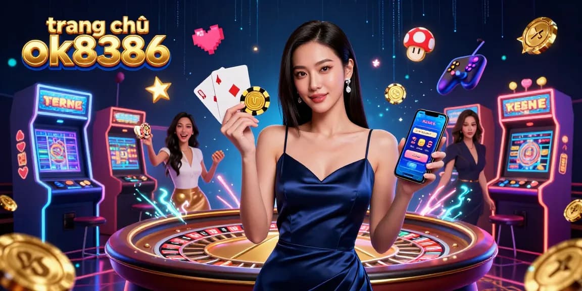 Experience the excitement of trang chủ ok8386 with vibrant gaming elements and a stunning character showcasing casino features.