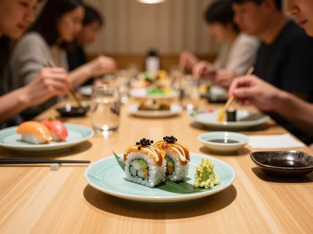 Menikmati sushi segar di restoran ROKOK88, menampilkan gulungan berwarna-warni dan suasana yang nyaman, sempurna untuk makan bersama kelompok.