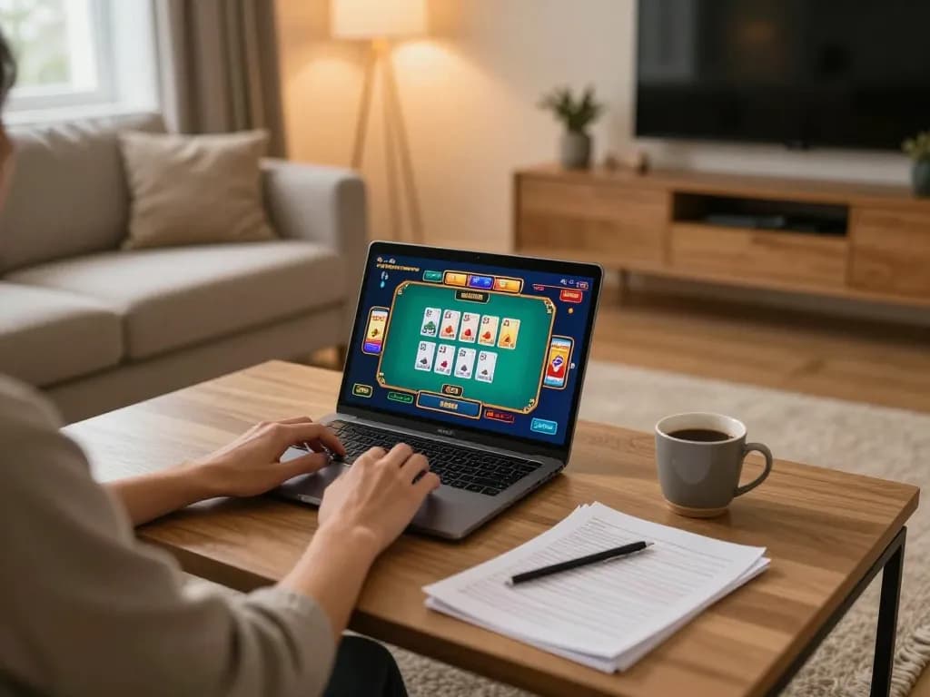 Person utilizing laptop for okfun đăng nhập and online gaming experience in cozy home environment
