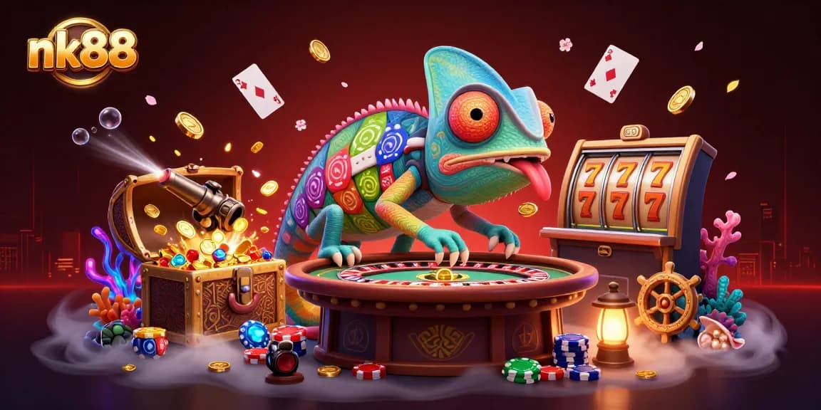 Win big with nk88 at this vibrant casino scene featuring a colorful chameleon owner and slot machines.
