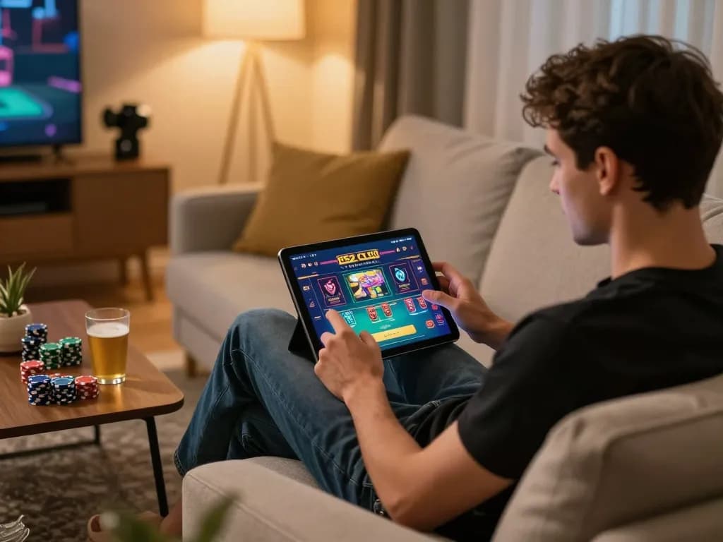 B52 Club player engaging in online gambling on tablet, showcasing a cozy home environment.