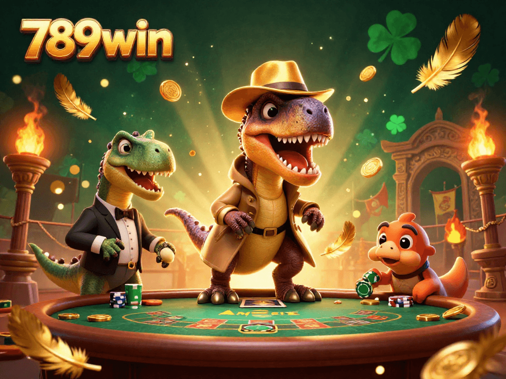 Experience thrilling gameplay at 789win with a cartoon velociraptor card counter amidst gold coins and betting tokens.