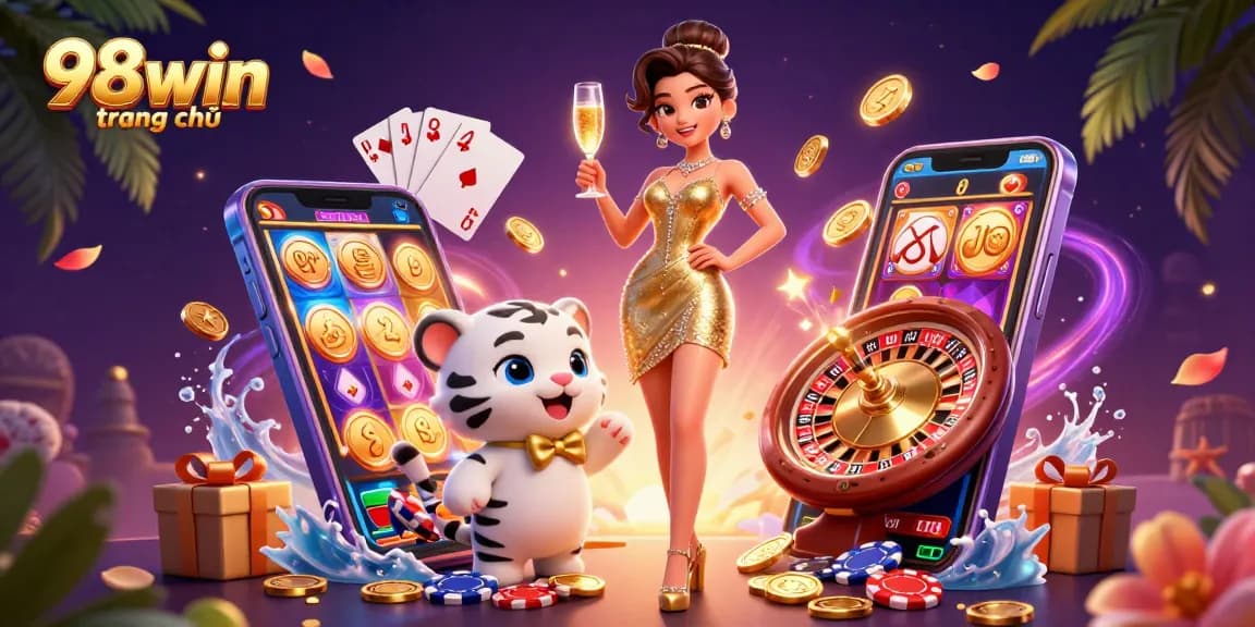 Experience exciting gameplay at 98win trang chủ with glamorous characters and vibrant casino elements.