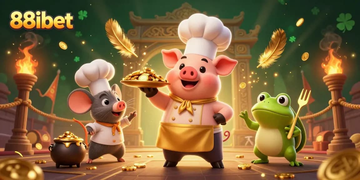 Experience excitement with 88ibet's colorful casino games featuring playful characters serving gold coins.