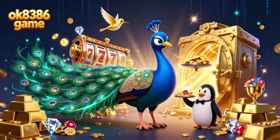 Engage in thrilling action with the ok8386 game featuring a vibrant casino illustration of gems and golden treasures.