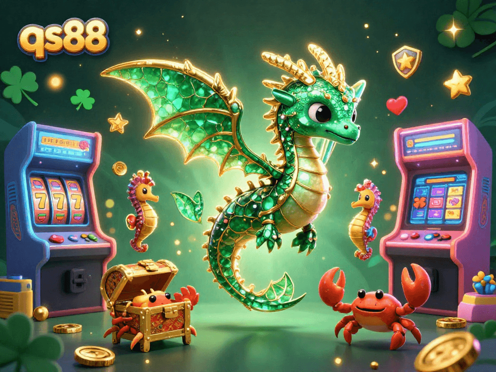 Experience thrilling wins at qs88 with a vibrant 3D casino scene featuring an emerald sea dragon and dynamic game elements.