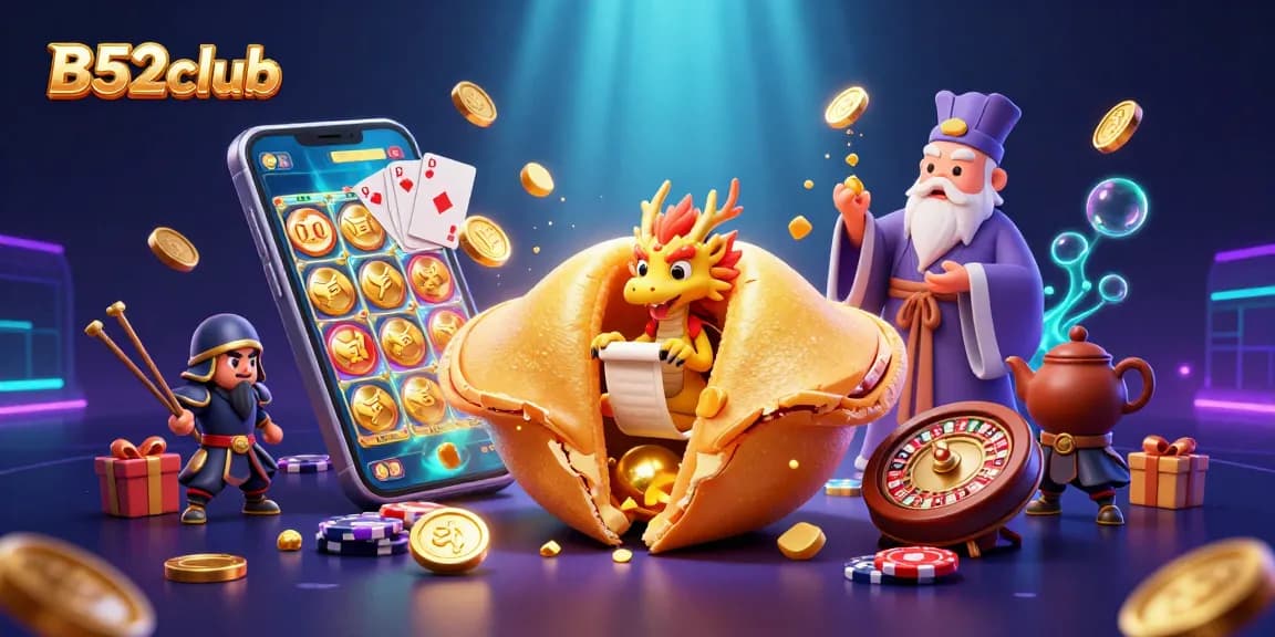 B52club offers thrilling slot gameplay under a glamorous golden atmosphere mixed with game elements and coins.