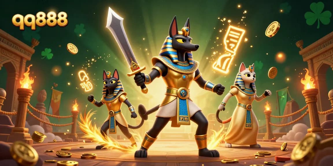 Experience the thrilling adventure of qq888 with Anubis and Bastet in a vibrant ancient gambling scene.