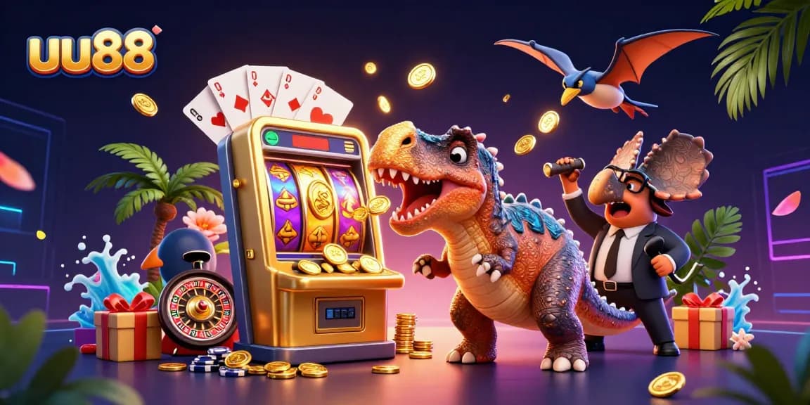 uu88 engages players with a thrilling jackpot scene of a dinosaur headbutting a slot machine.