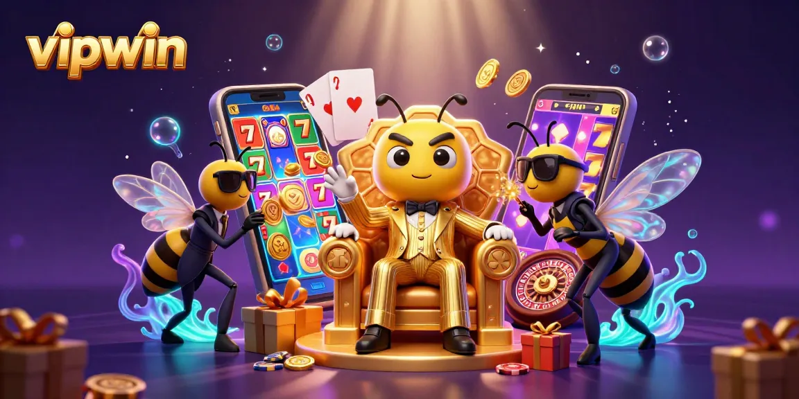 Win big with vipwin's vibrant 3D casino scene featuring exciting slots and game elements.