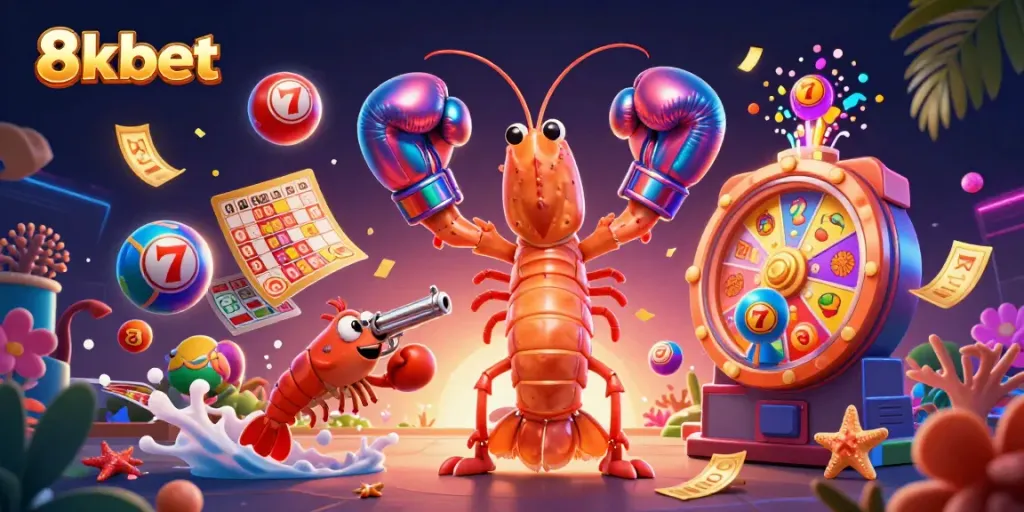 Hit jackpot with vibrant games at 8kbet, illustrated with colorful lottery balls and energetic casino characters.