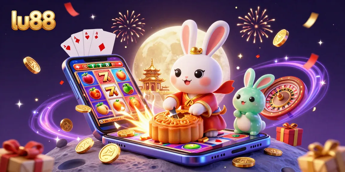 Experience thrilling moments with lu88 as the moon rabbit reveals poker chips from mooncakes in a vibrant casino scene.
