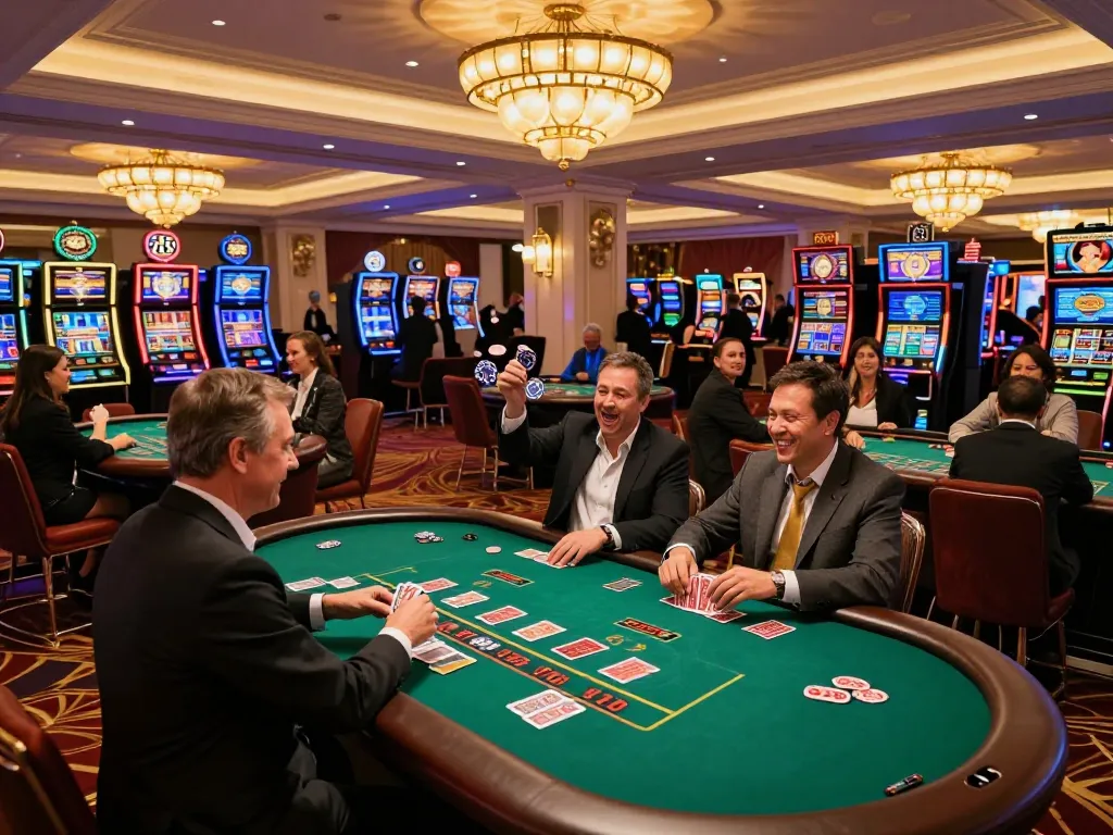 Experience thrilling blackjack gameplay at 789's casino, with players celebrating wins amid a vibrant atmosphere.