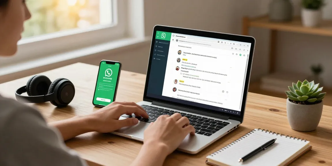 Busy user interacting with WhatsApp網頁版 on a laptop, vibrant workspace with productivity tools.