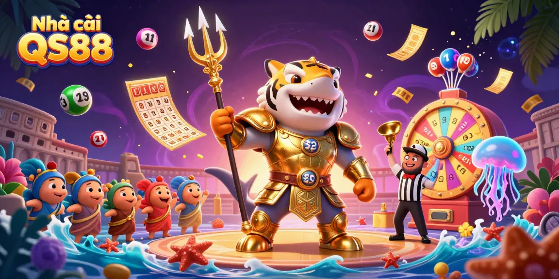 Engage with the thrill of Nhà cái QS88, featuring vibrant lottery balls and a thrilling underwater casino scene.