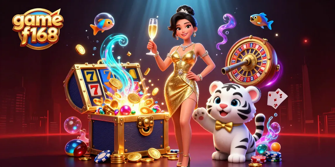 Play thrilling game f168 with vibrant slot reels and lucky symbols around glamorous characters.