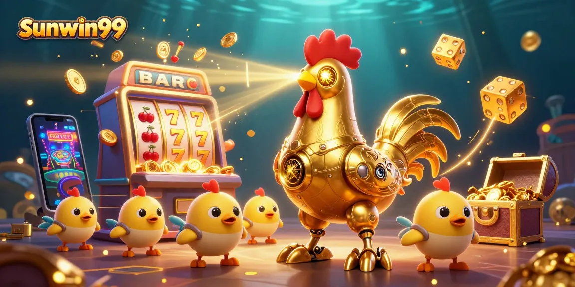 Experience sunwin99 with a vibrant illustration featuring a golden rooster robot and exciting slot machine elements.