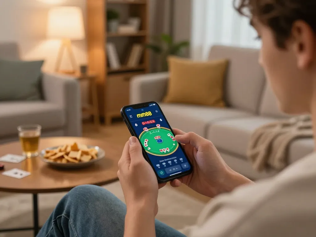 Gambling on the mm88 app with a smartphone in a cozy home setting, showcasing engaging online gameplay.