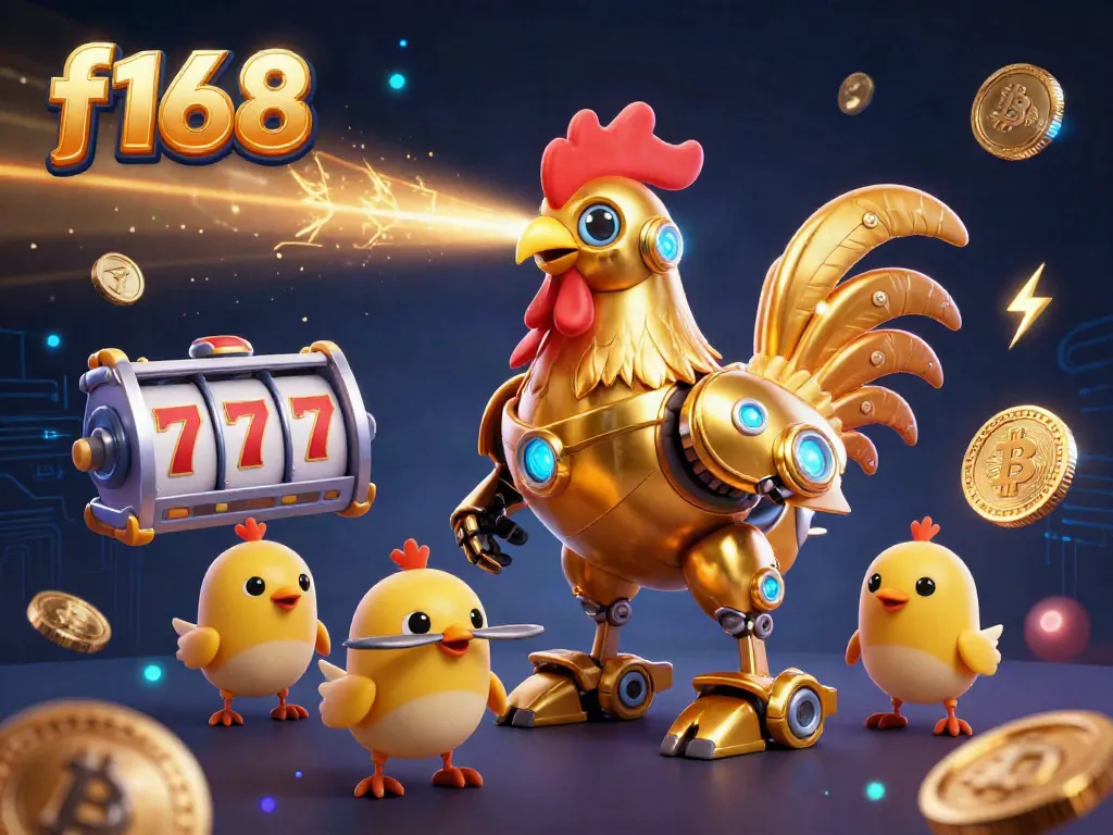 Engage with f168's thrilling 3D illustration featuring a golden rooster robot and baby chick drones in a lively casino atmosphere.