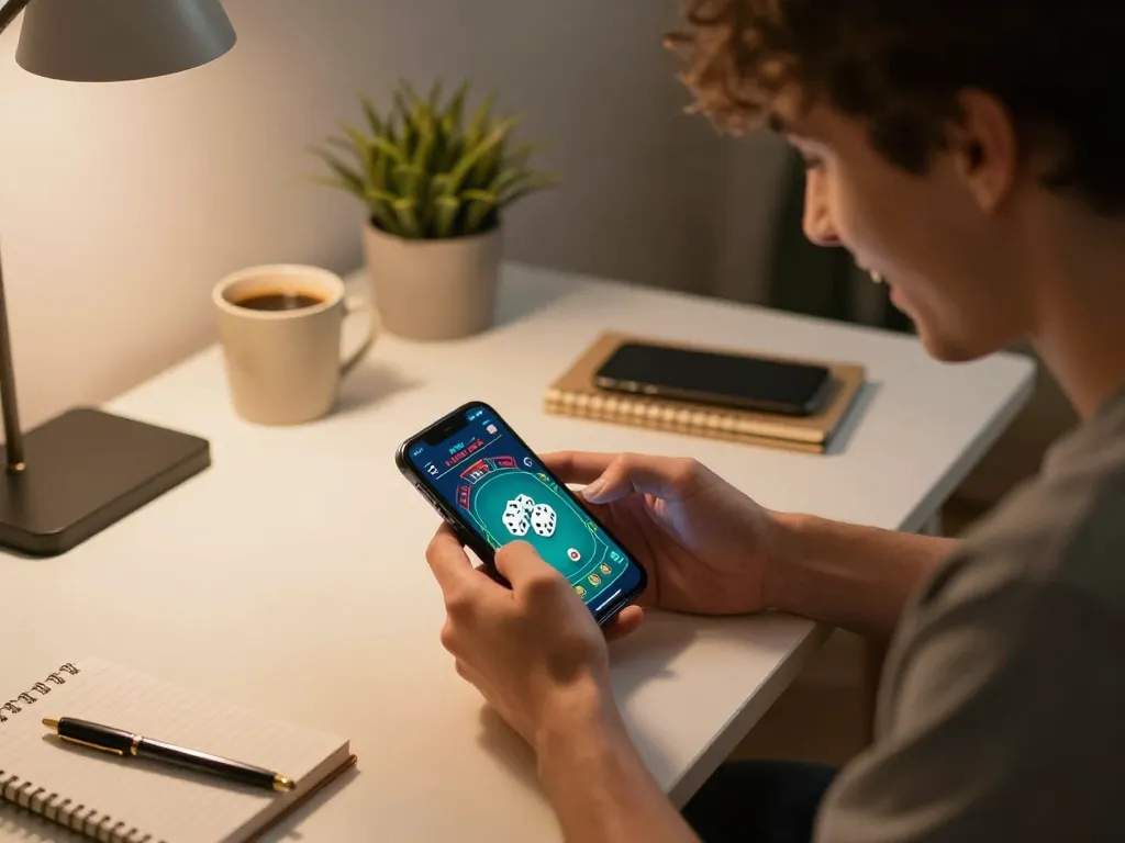 Player enjoying taixiuonline on smartphone, showing excitement during dice roll.