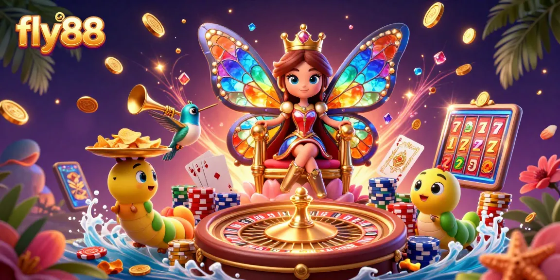 Experience excitement at fly88 with a vibrant 3D scene of a butterfly queen amidst casino games and treasures.
