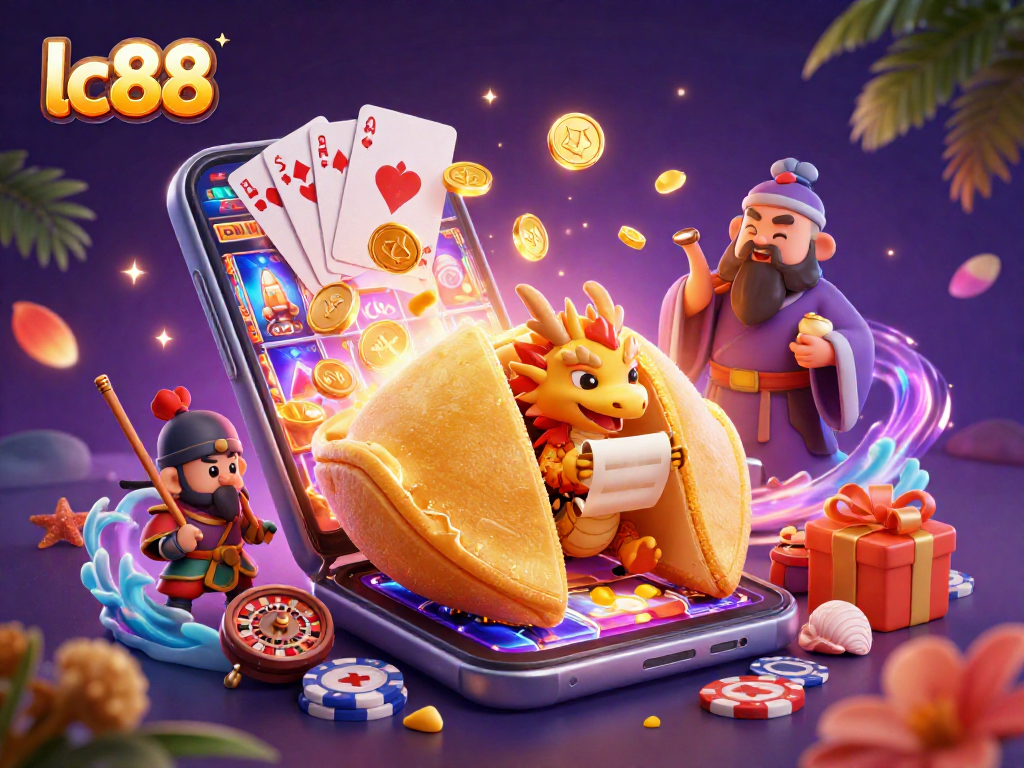 Experience winning excitement with lc88's dynamic casino scene featuring vibrant slot games and lucky characters.