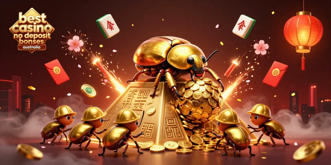 Engage with the best casino no deposit bonuses Australia showcasing golden beetles rolling coins amidst vibrant casino symbols.