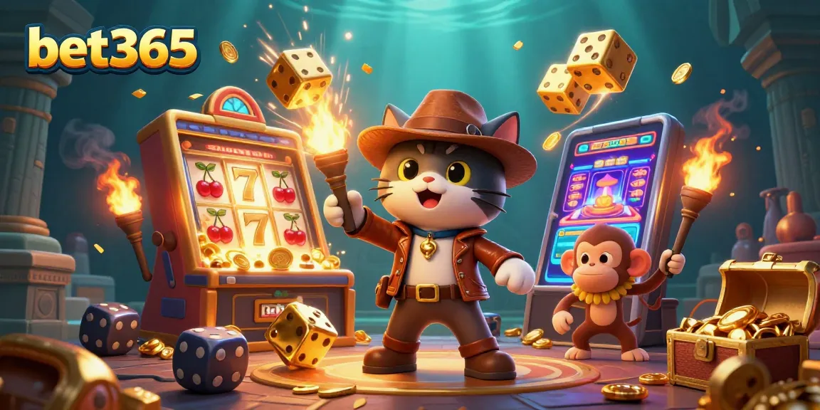 Engage with bet365 in a vibrant 3D jackpot scene featuring an archaeologist cat and treasures.