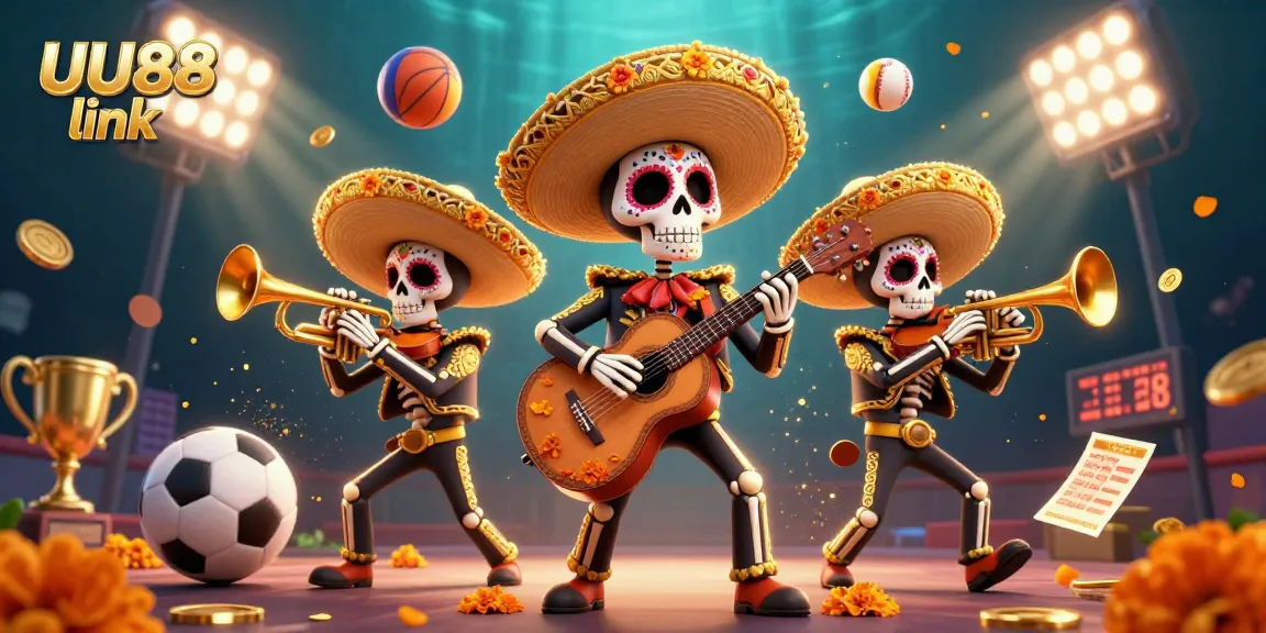 Engage with thrilling gameplay and sports betting adventures at UU88 link with colorful mariachi band and flying sports elements.