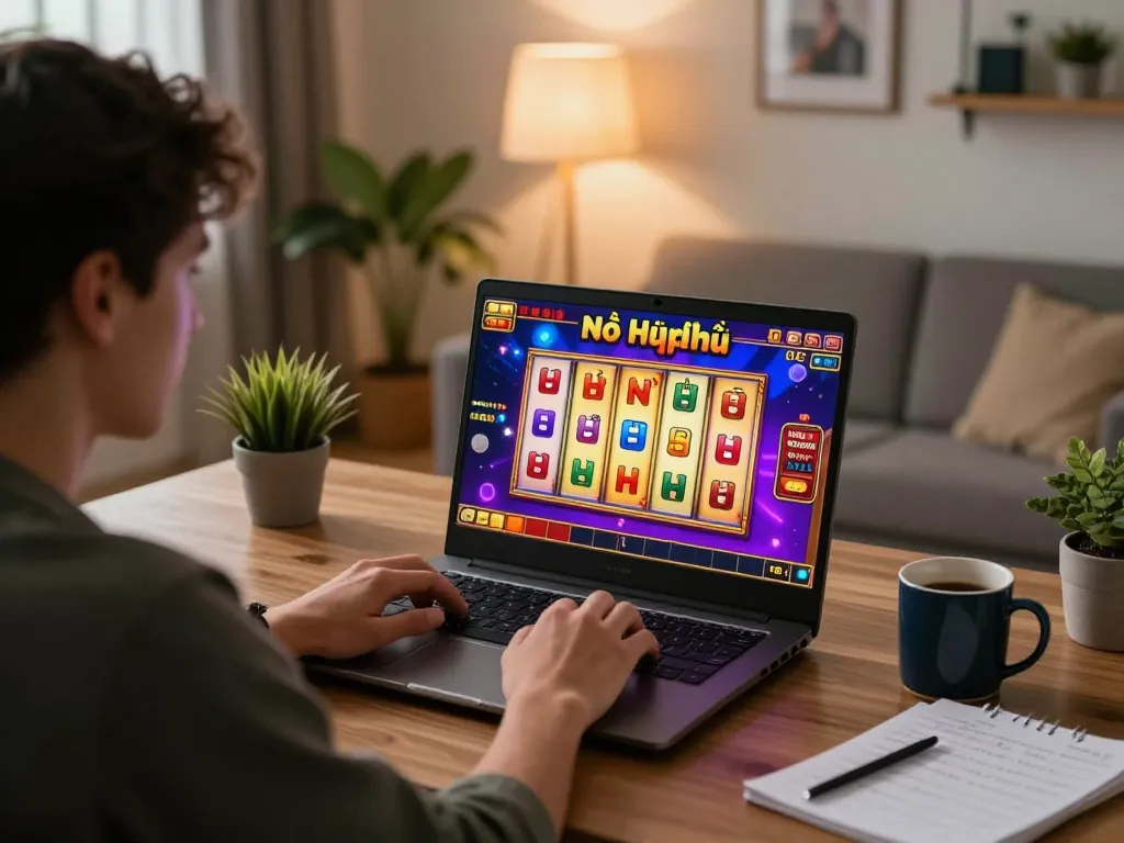 Playing nổ hũ online with engaging gameplay displayed on laptop, cozy home setup featuring strategy notes.