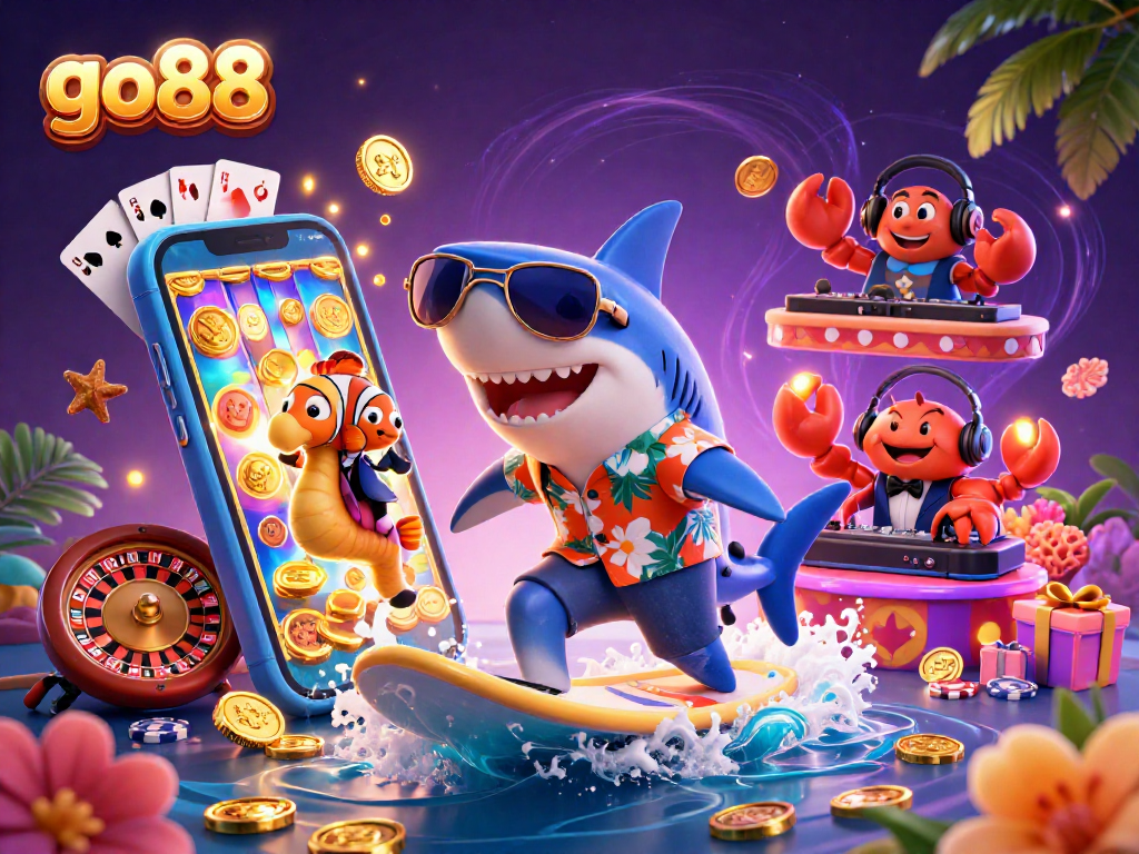 Join the fun at go88 with this exciting underwater scene featuring a shark and casino elements.