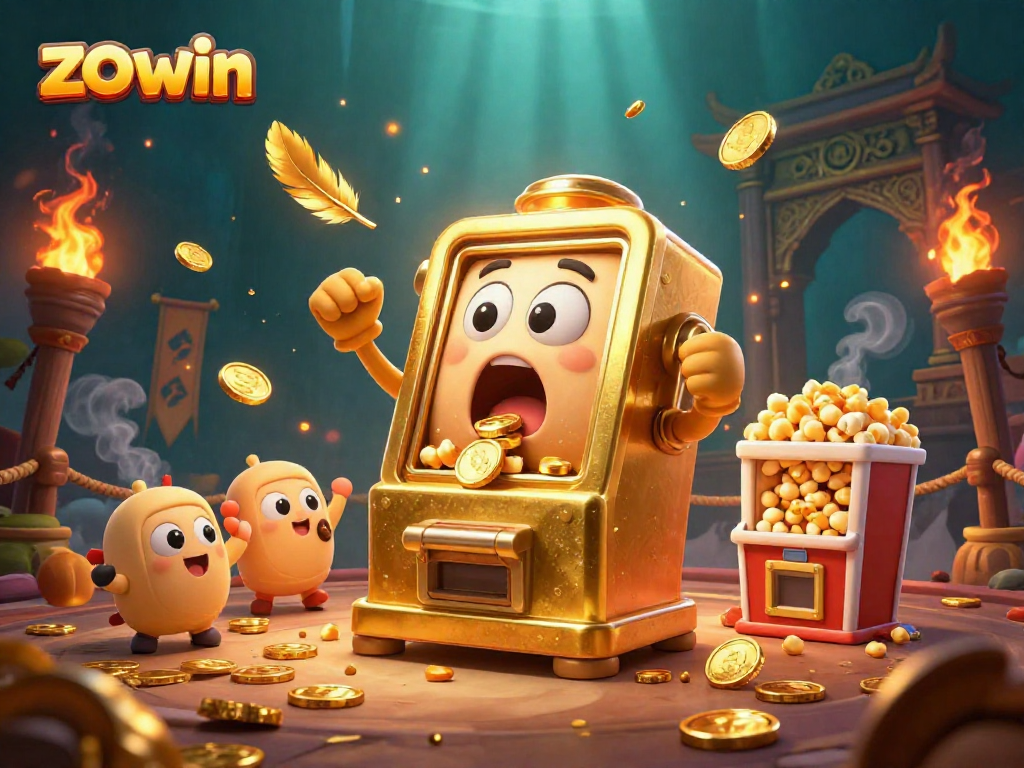 Celebrate wins at zo win with a golden slot machine showering coins and baby slots cheering.