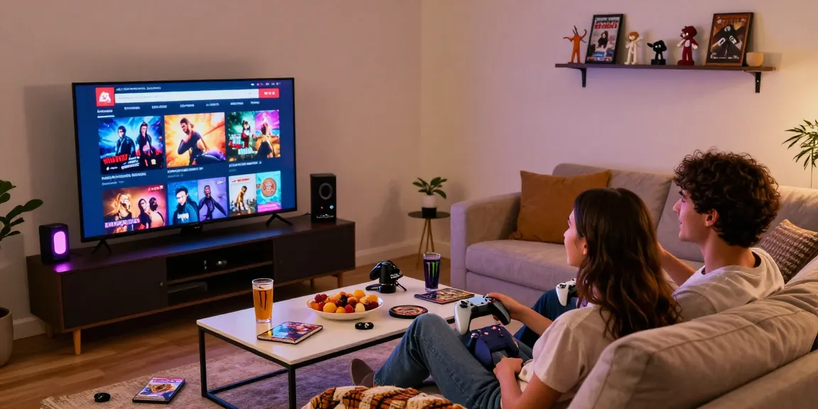 Engaging scene of a couple playing porn games html together on a cozy couch, showcasing their gaming setup and intimate environment.