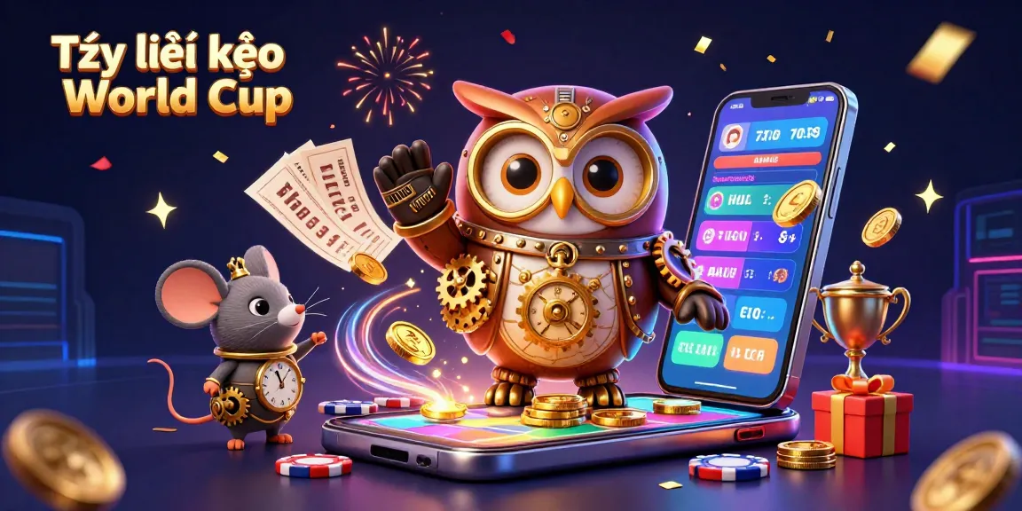 Tỷ lệ kèo World Cup illustrated with a steampunk owl and mouse amidst sports betting symbols and dynamic casino elements.