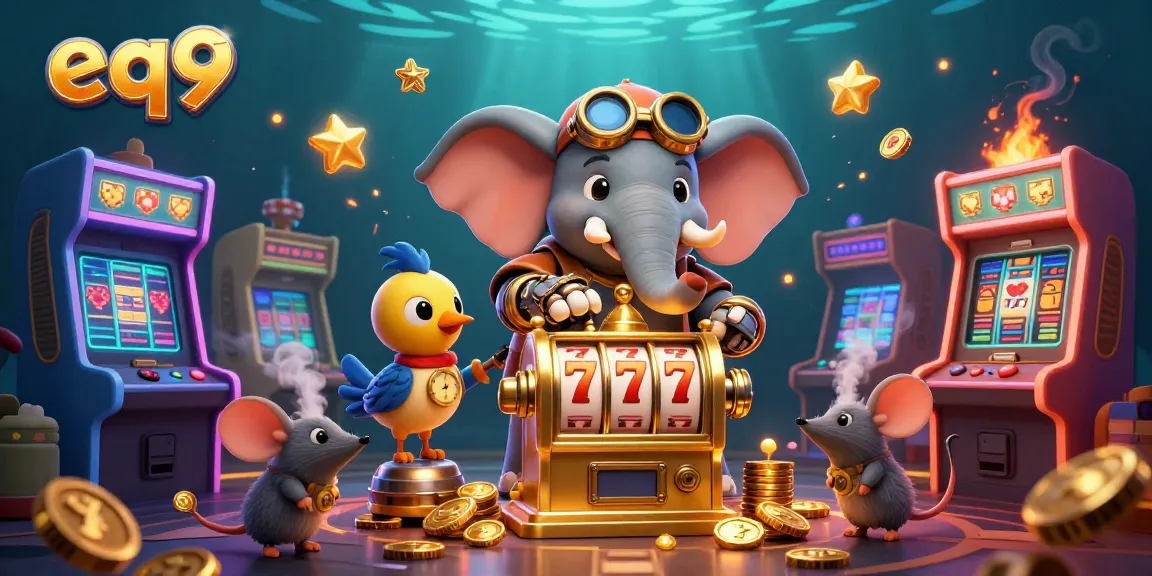 Spin the golden slot machine with eq9, a mechanical elephant engineer operating in a vibrant casino atmosphere.