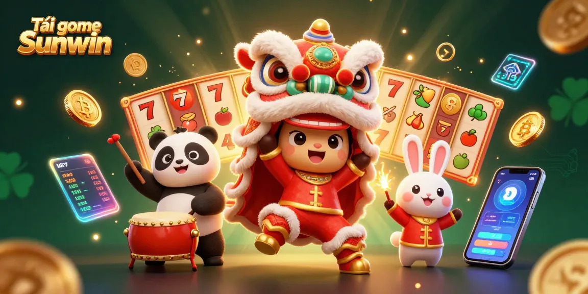 Join the action with Tải game Sunwin in this vibrant, animated 3D casino illustration featuring slot machines and fun characters.