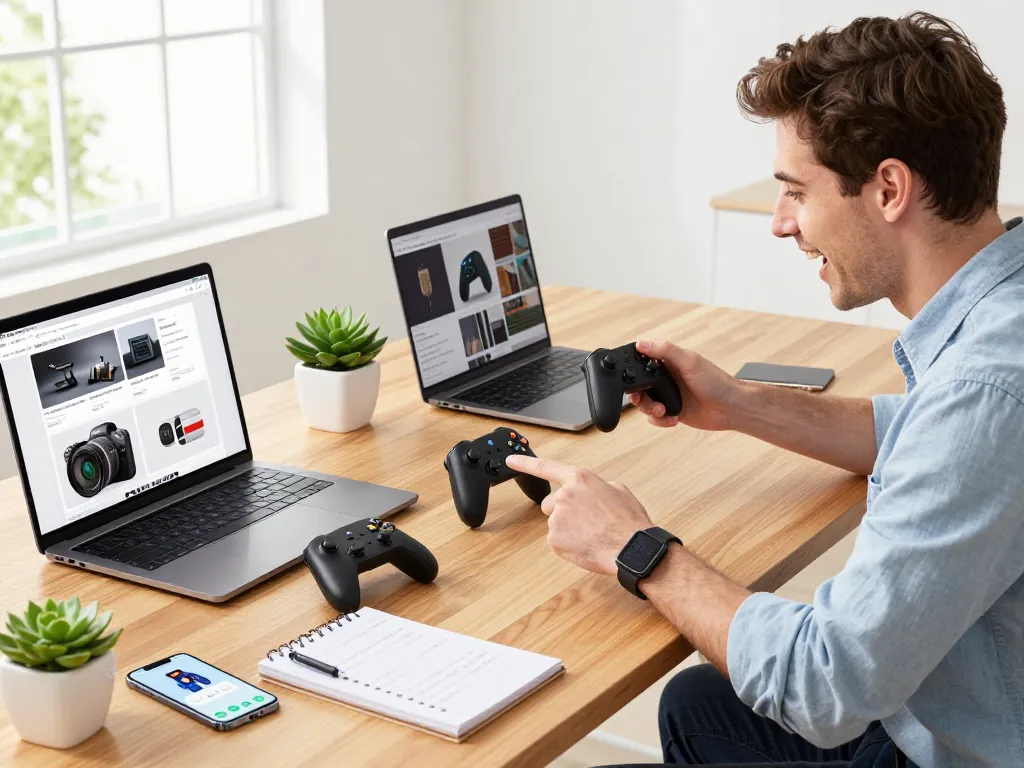 Exploring trending tech gadgets in a modern workspace with Bluetooth controllers and a smartwatch.
