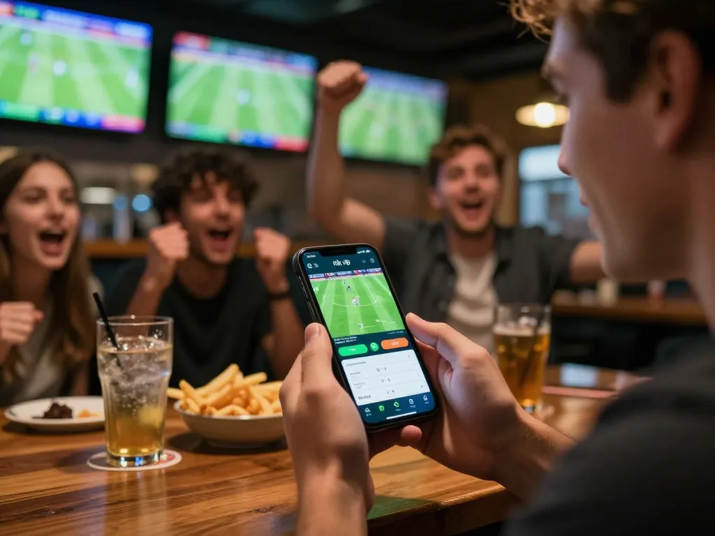 Engaged player using rik vip app for sports betting during a lively match, showcasing dynamic live odds.
