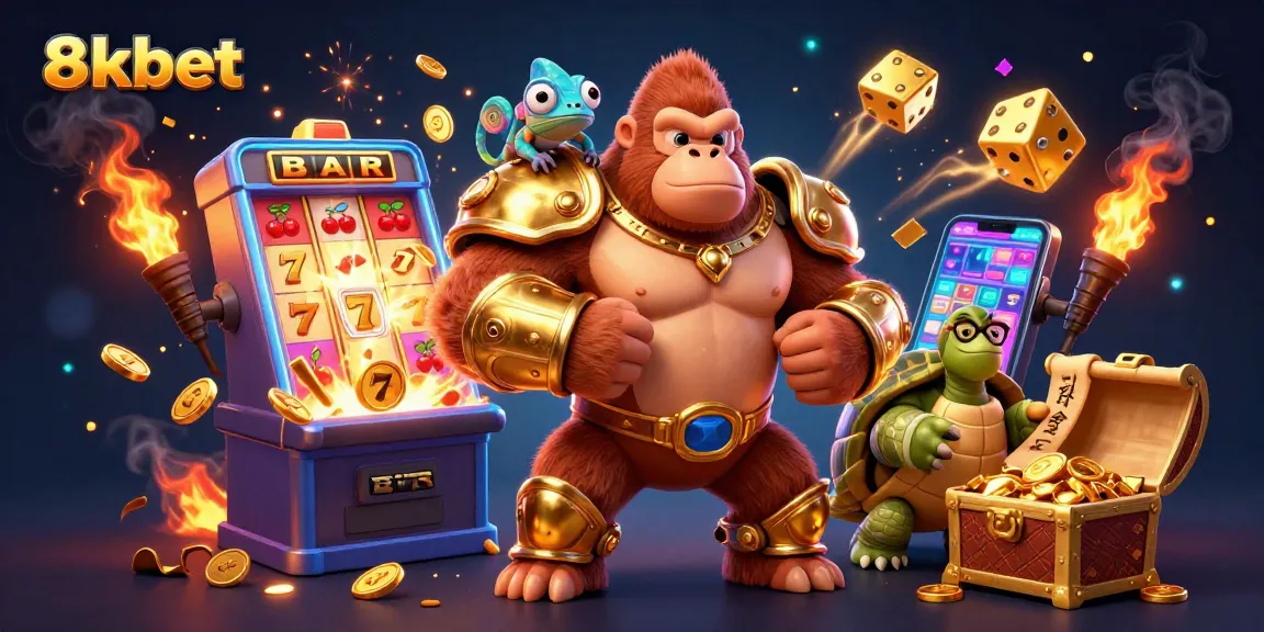 Experience thrilling online gaming at 8xbet with vibrant visuals of a gorilla king and casino themes.