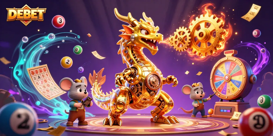 Win big with DEBET as a golden dragon breathes gold gears amid colorful lottery elements.