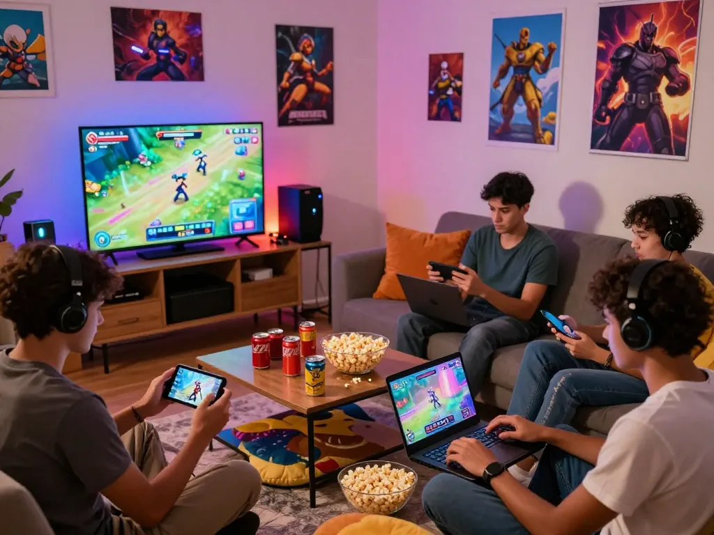 Young adults playing exciting html porn games together in a cozy living room setup, showcasing engagement and fun.
