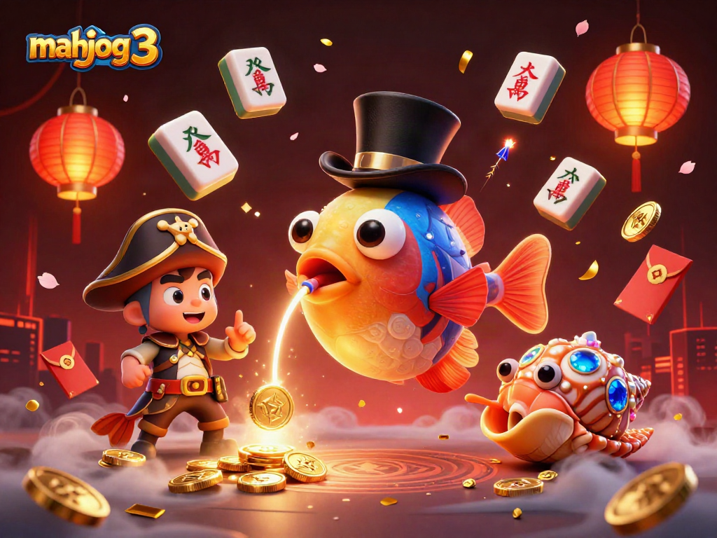 Experience mahjong 3 excitement with 3D anglerfish, shrimp, and sea snail amidst casino elements.