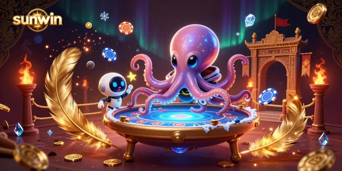 Engage in thrilling poker action at Sunwin's vibrant casino with an alien octopus and robot companion.